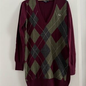 Fred Perry knit women’s vintage sweater mini dress argyle claret gray. Size 6